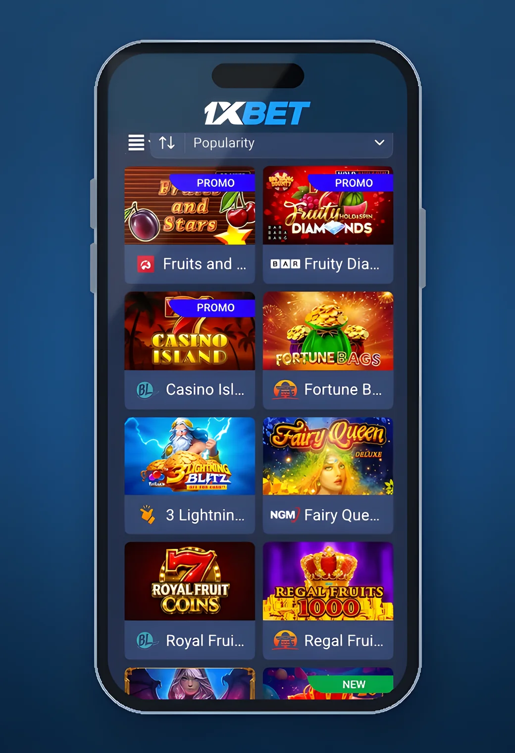 1xBet slots lobby on a smartphone screen