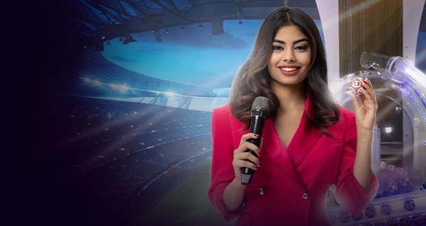 TV game host with a microphone from the 1xBet lobby